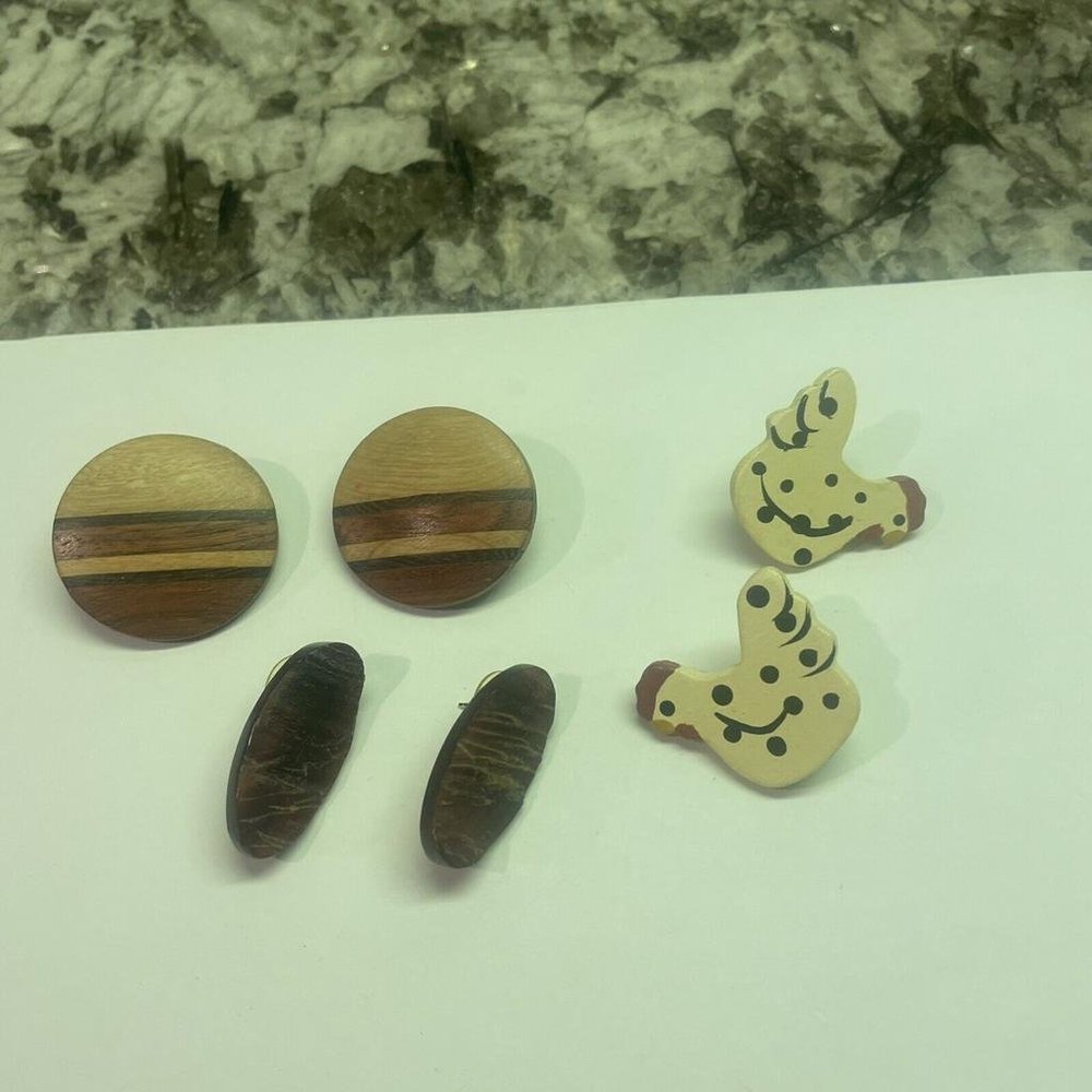 Lot Of 3 Costume Jewelry Pierced Studs Earrings Mix Women’s 2 Handmade Wood